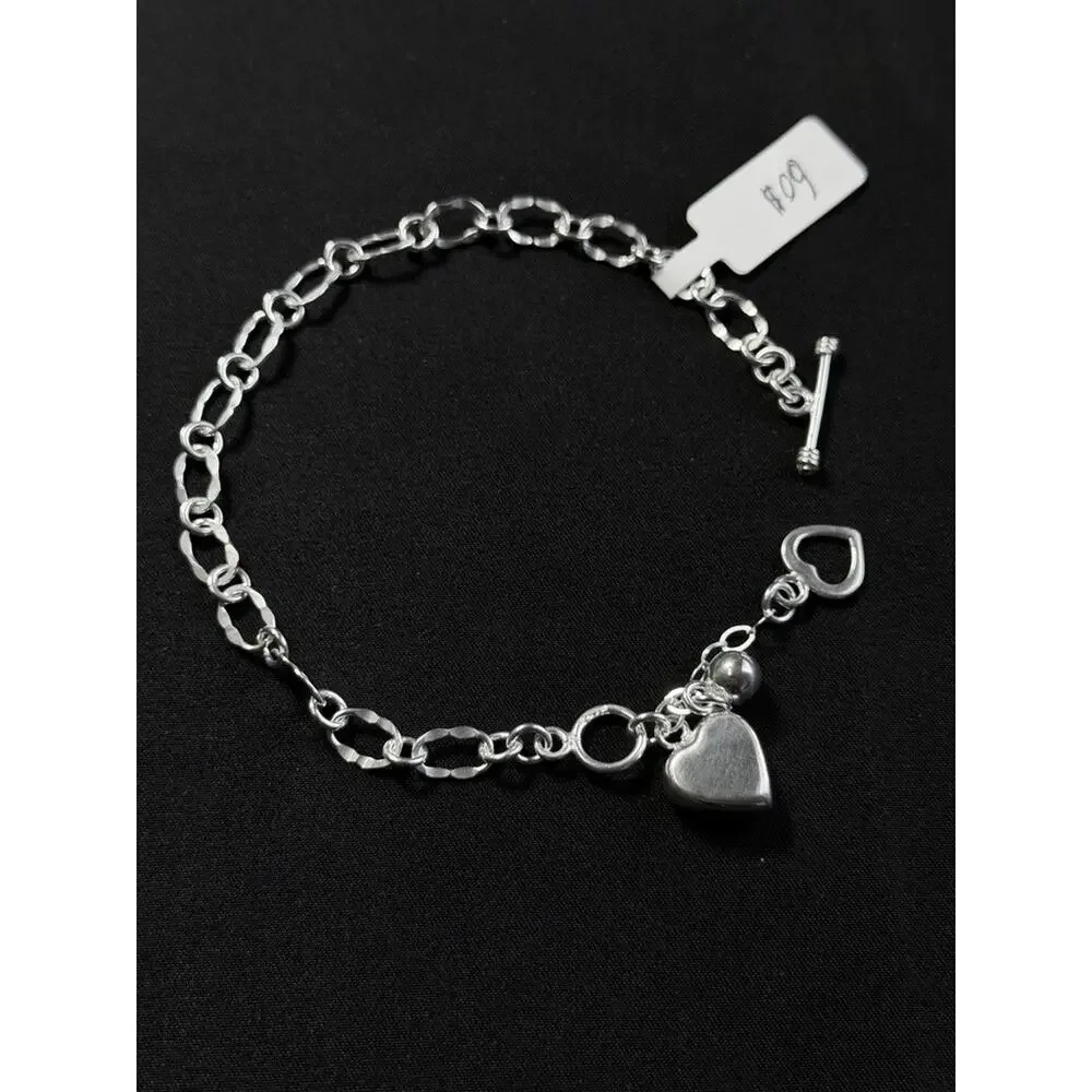 Sterling Silver Heart Charm Toggle Bracelet 925 Textured Link Chain 8.5 Inch